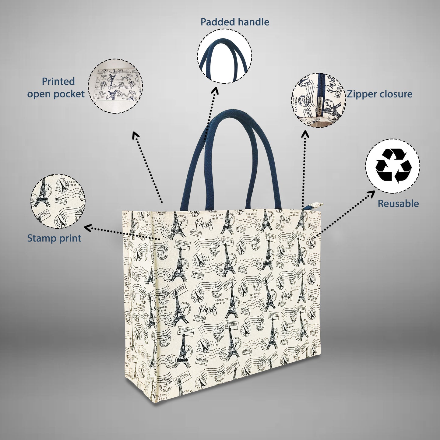VINTAGE PARIS PRINT CANVAS BAG WITH ZIPPER