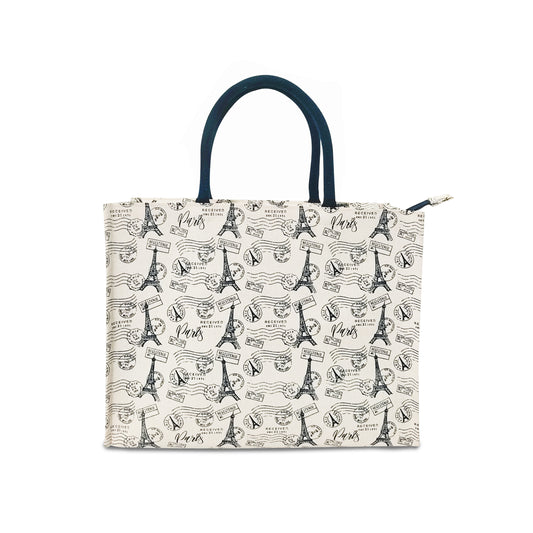 VINTAGE PARIS PRINT CANVAS BAG WITH ZIPPER