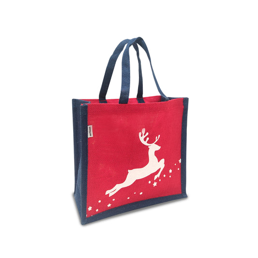 FESTIVE REINDEER PRINT JUTE LUNCH BAG (Pack of 3)