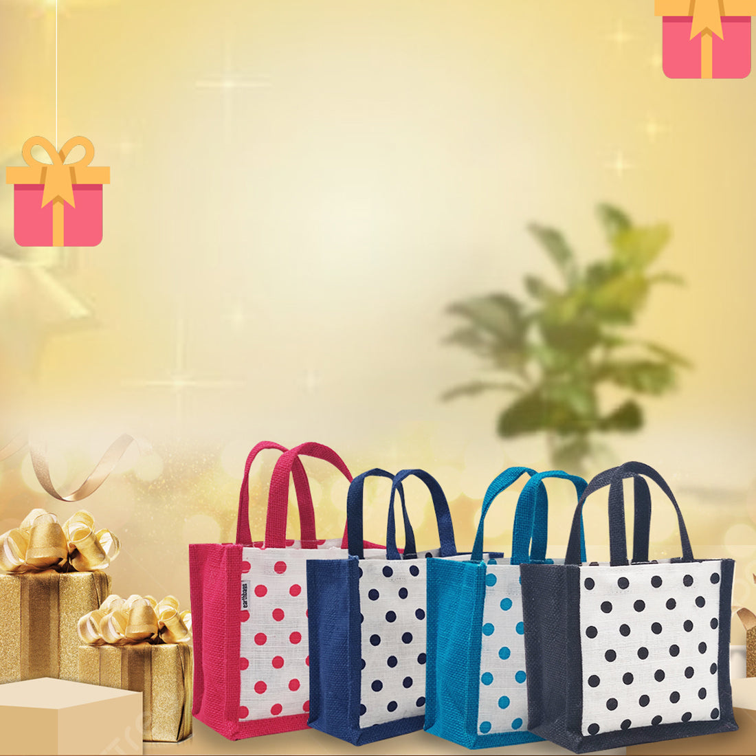 EARTHBAGS POLKA DOT CUTE JUTE GIFT BAG - PACK OF 4