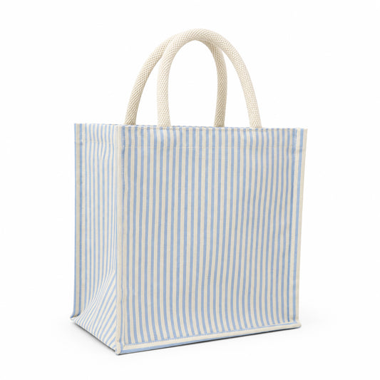 STRIPED CANVAS LUNCH BAG WITH ZIPPER CLOSURE AND BOTTLE HOLDER & POCKET