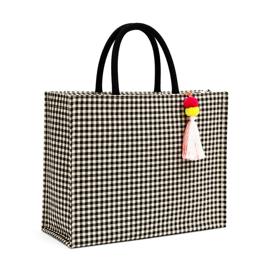 Black & White Gingham Cotton Canvas Shopper Bag with Padded Handles & Tassel