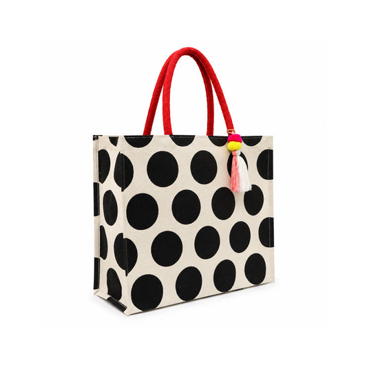 Black Polka Dot Canvas Shopper Bag with Red Handles & Tassel Charm