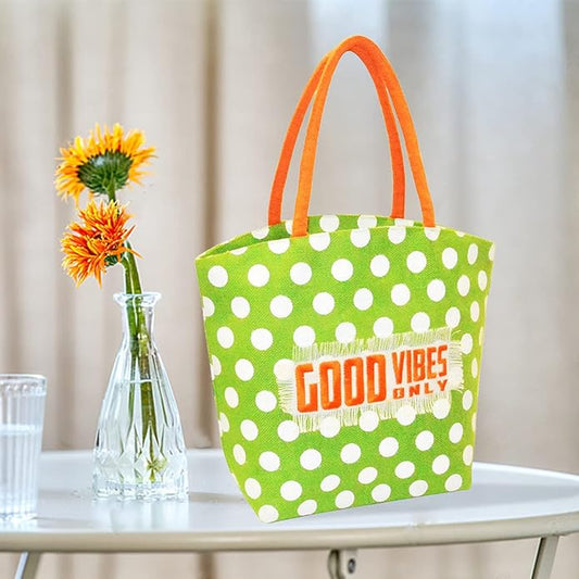 EARTHBAGS  GOOD VIBES ONLY JUTE TOTE BAG WITH ZIPPER AND POCKET