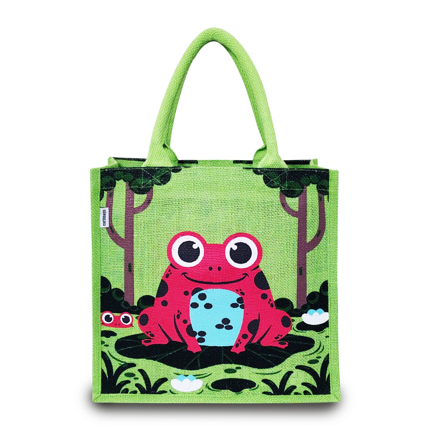 WHIMSICAL FROG PRINT JUTE BAG