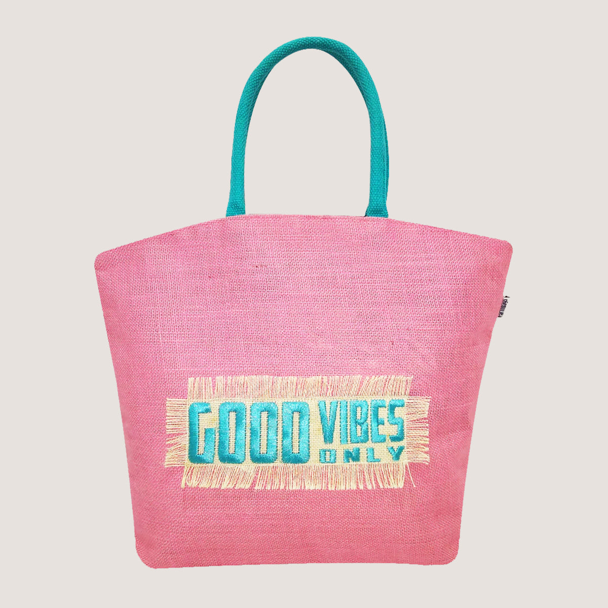 EARTHBAGS GOOD VIBES ONLY JUTE TOTE BAG WITH ZIPPER AND POCKET