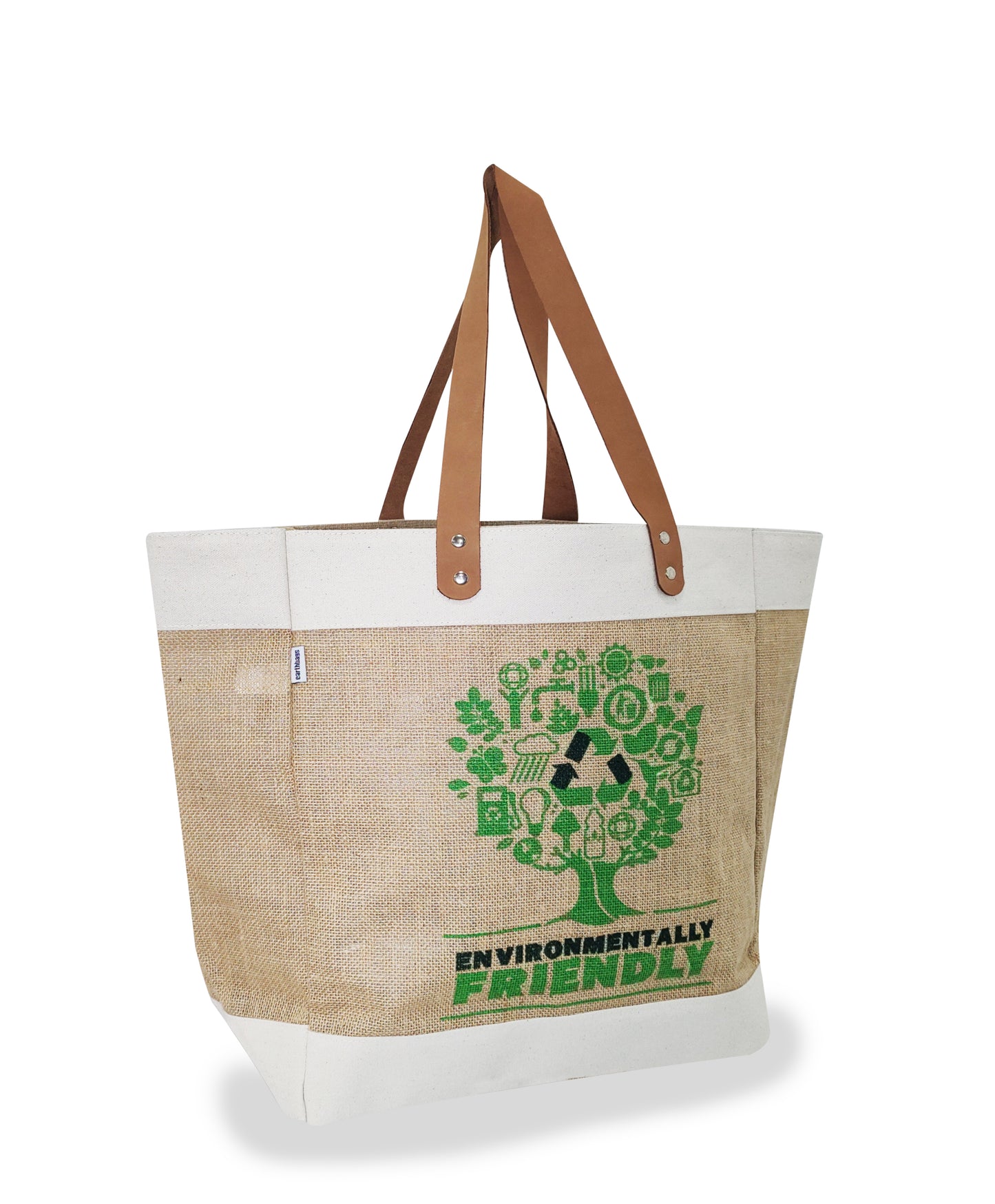 EARTHBAGS PRINTED JUTE TOTE WITH LEATHER HANDLE