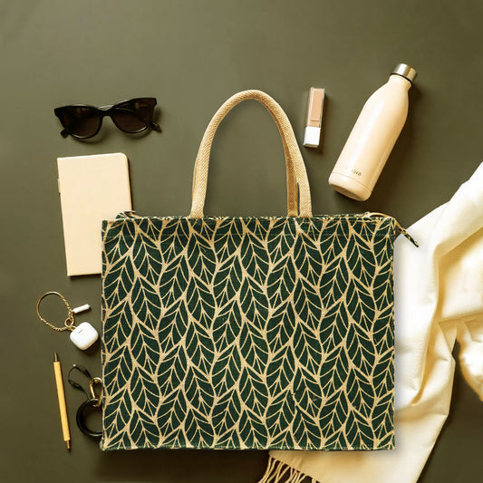 LEAVES STYLE: VERDANT JUTE BAG WITH ZIPPER