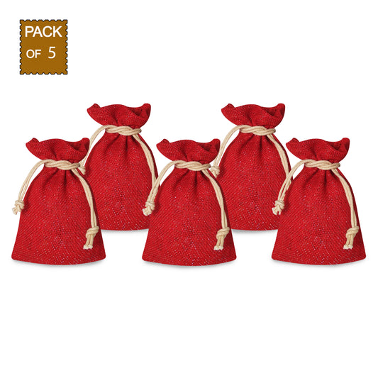 ELEGANT RED JUTE LUREX POTLI (Pack of 5)