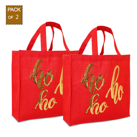 RED “HO HO HO” SEQUIN CHRISTMAS TOTE BAG - PACK OF 2