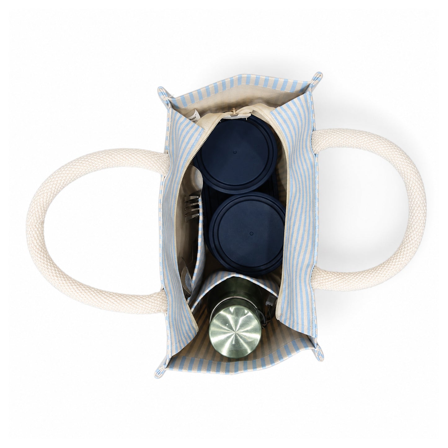 STRIPED CANVAS LUNCH BAG WITH ZIPPER CLOSURE AND BOTTLE HOLDER & POCKET