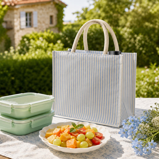 STRIPED CANVAS LUNCH BAG WITH ZIPPER CLOSURE AND BOTTLE HOLDER & POCKET