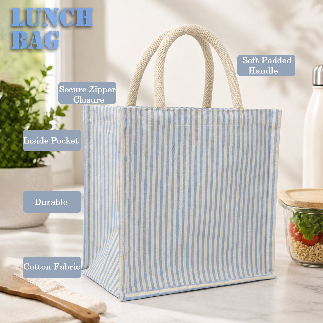STRIPED CANVAS LUNCH BAG WITH ZIPPER CLOSURE AND BOTTLE HOLDER & POCKET