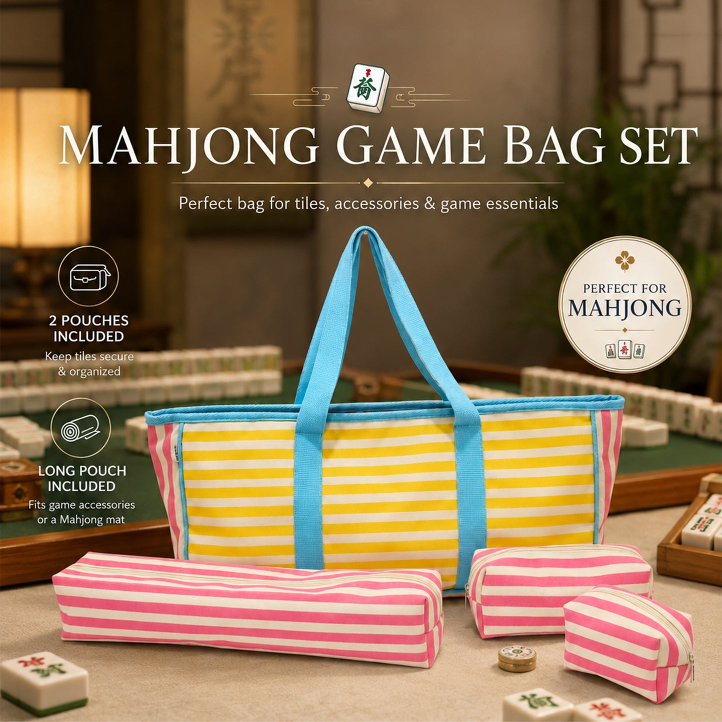 Striped Mahjong Carry Bag with Cotton Webbing Handles & Storage Pouches