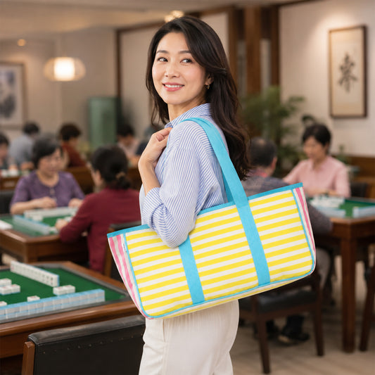 Striped Mahjong Carry Bag with Cotton Webbing Handles & Storage Pouches