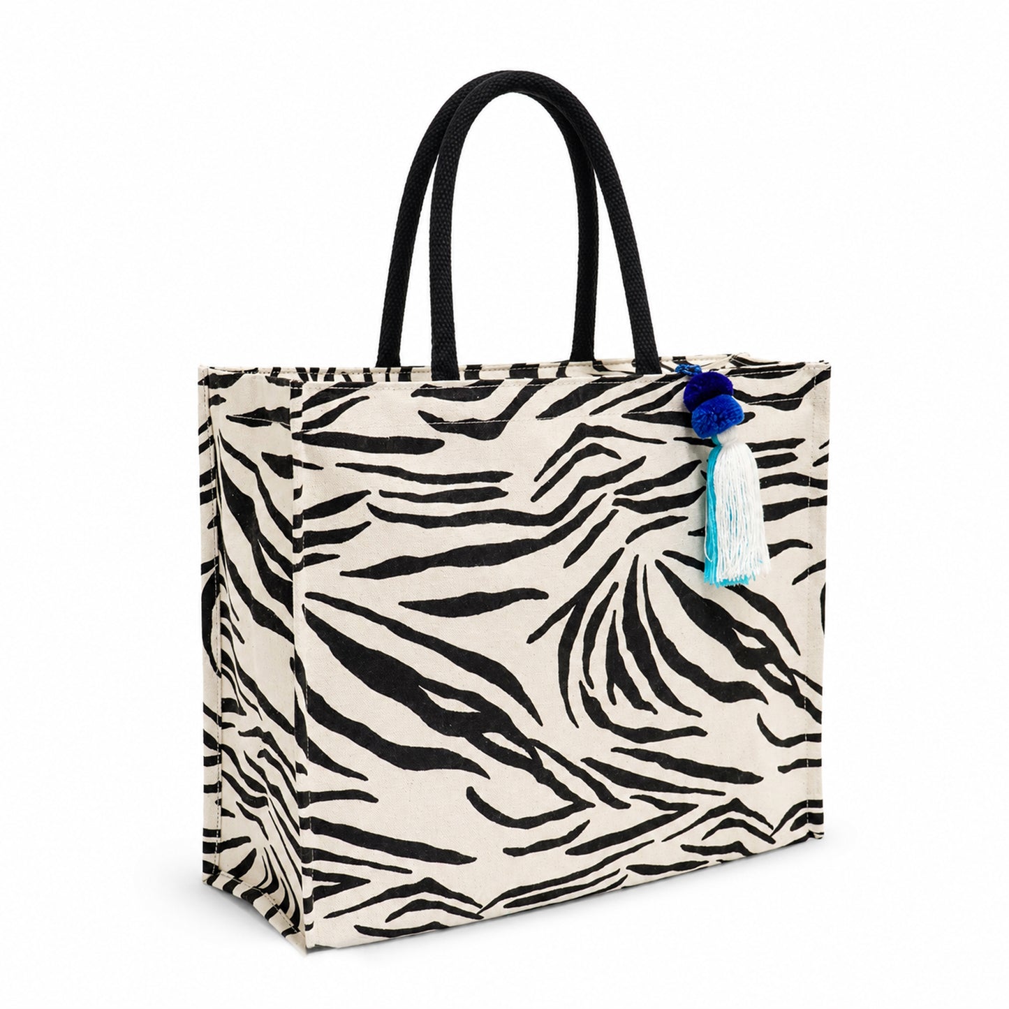 Zebra Print Cotton Canvas Shopper Bag with Padded Handles & Tassel