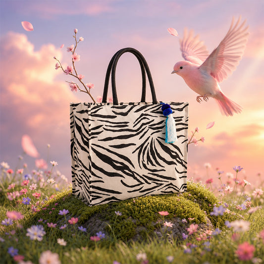 Zebra Print Cotton Canvas Shopper Bag with Padded Handles & Tassel