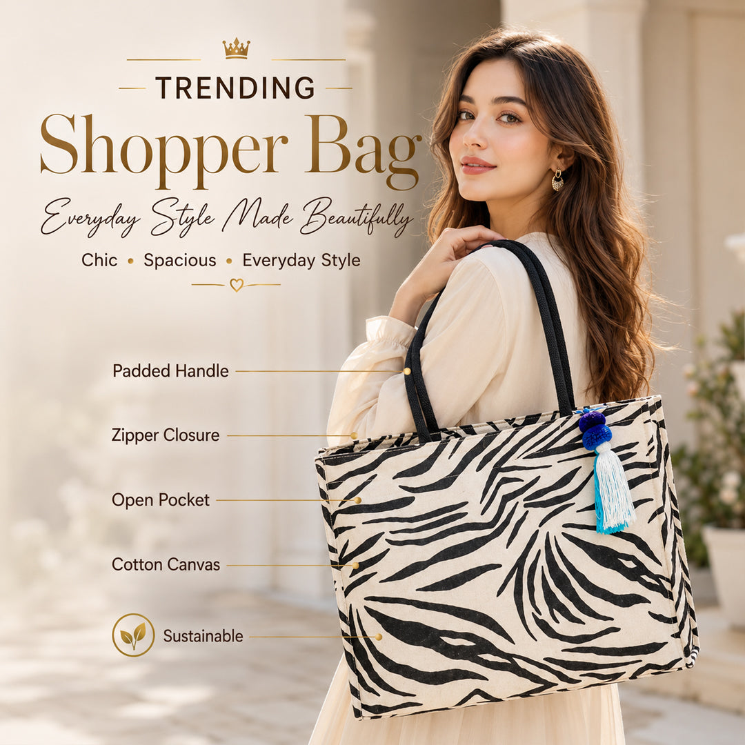 Zebra Print Cotton Canvas Shopper Bag with Padded Handles & Tassel