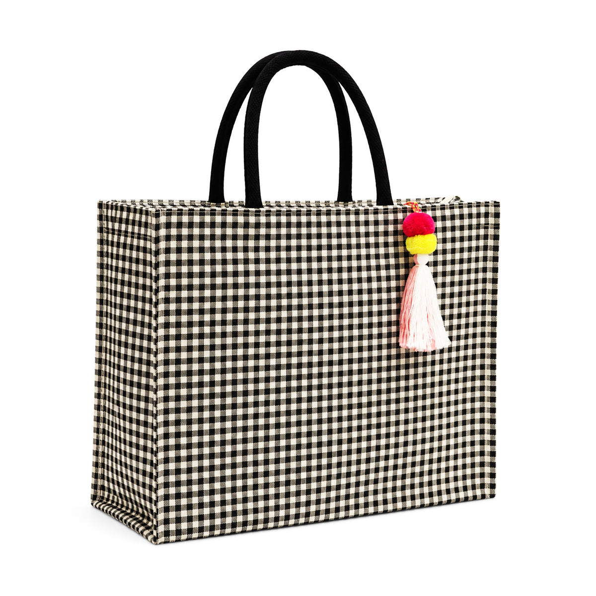 Black & White Gingham Cotton Canvas Shopper Bag with Padded Handles & Tassel
