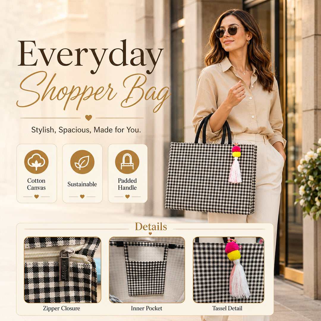 Black & White Gingham Cotton Canvas Shopper Bag with Padded Handles & Tassel