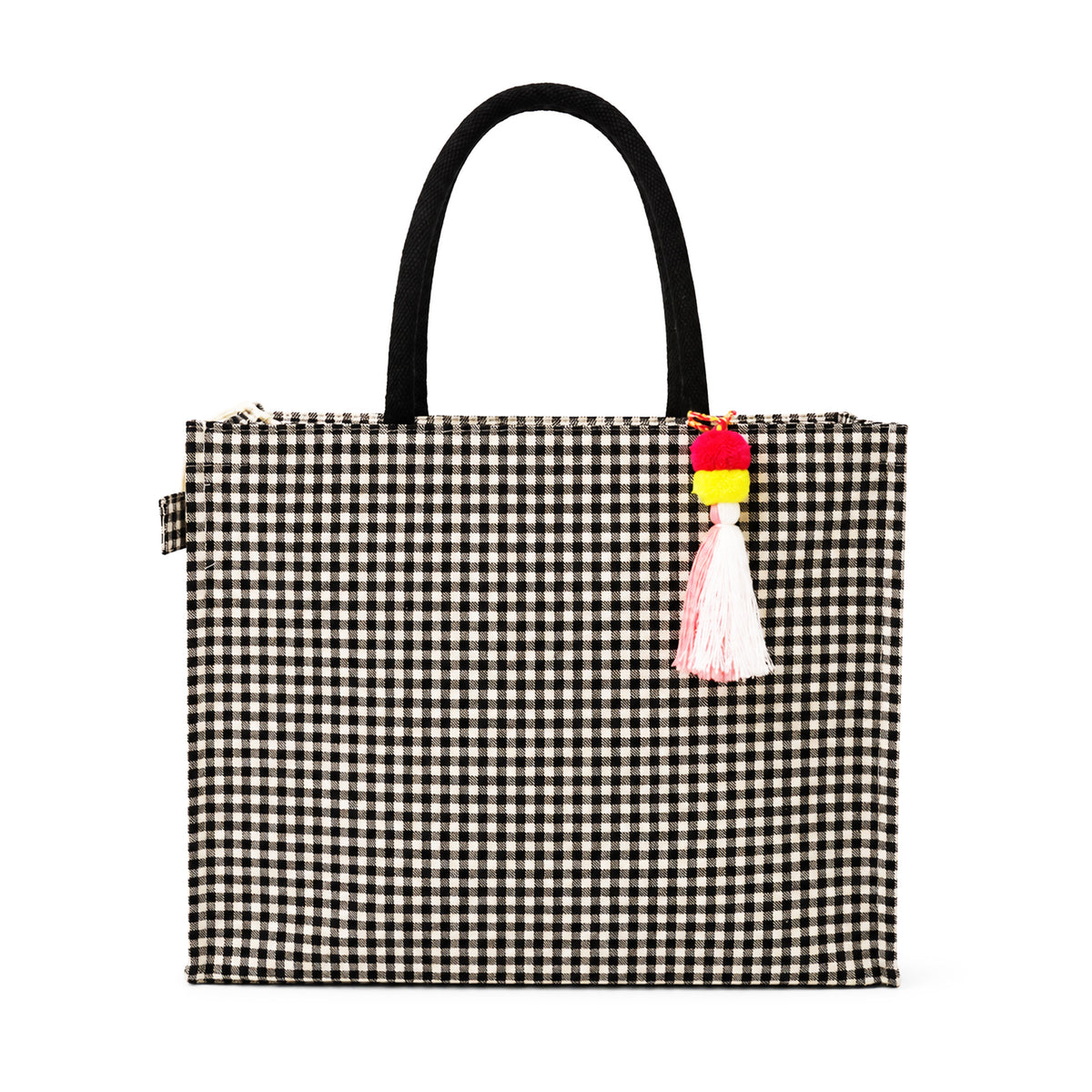 Black & White Gingham Cotton Canvas Shopper Bag with Padded Handles & Tassel