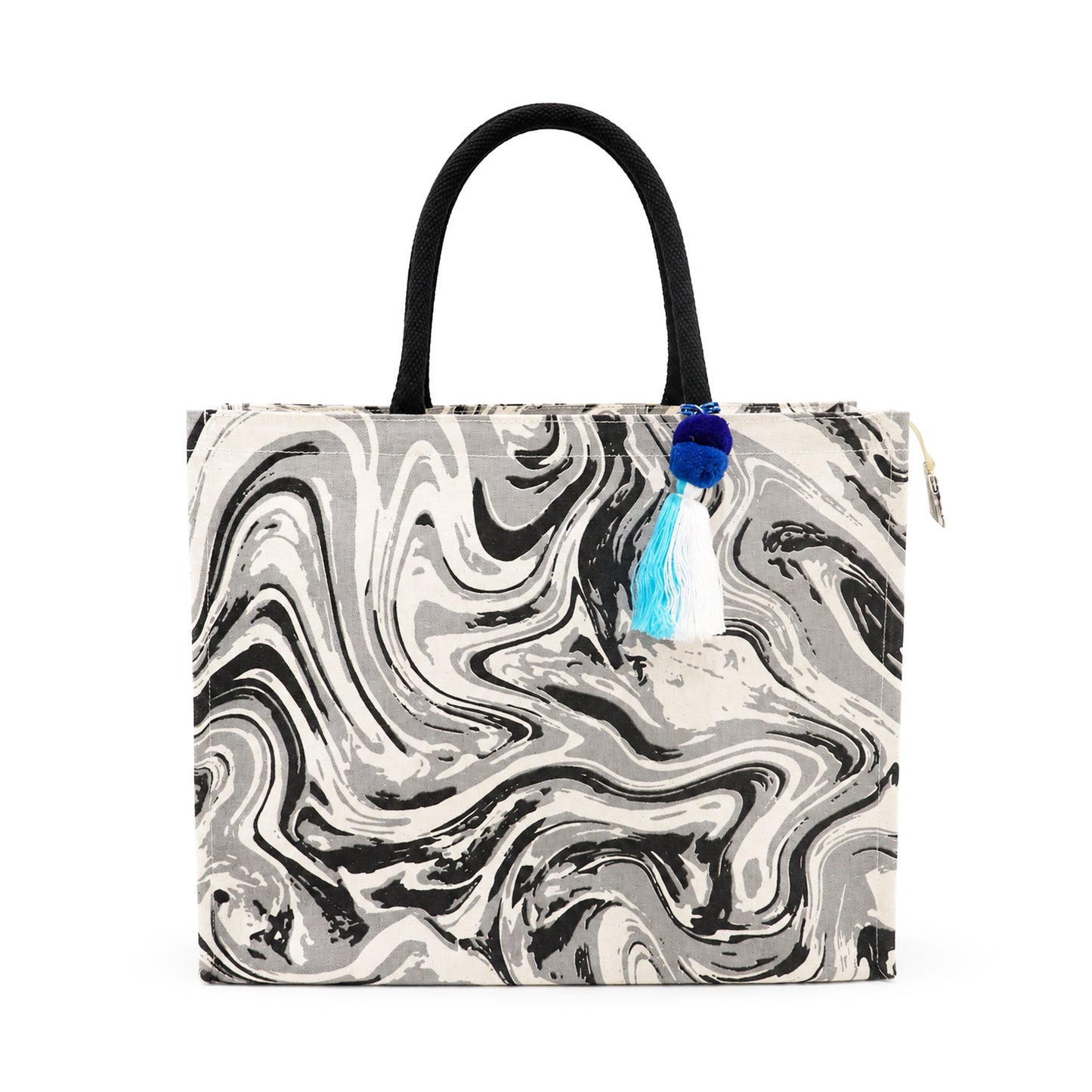 Marble Swirl Print Cotton Canvas Shopper Bag with Padded Handles & Tassel
