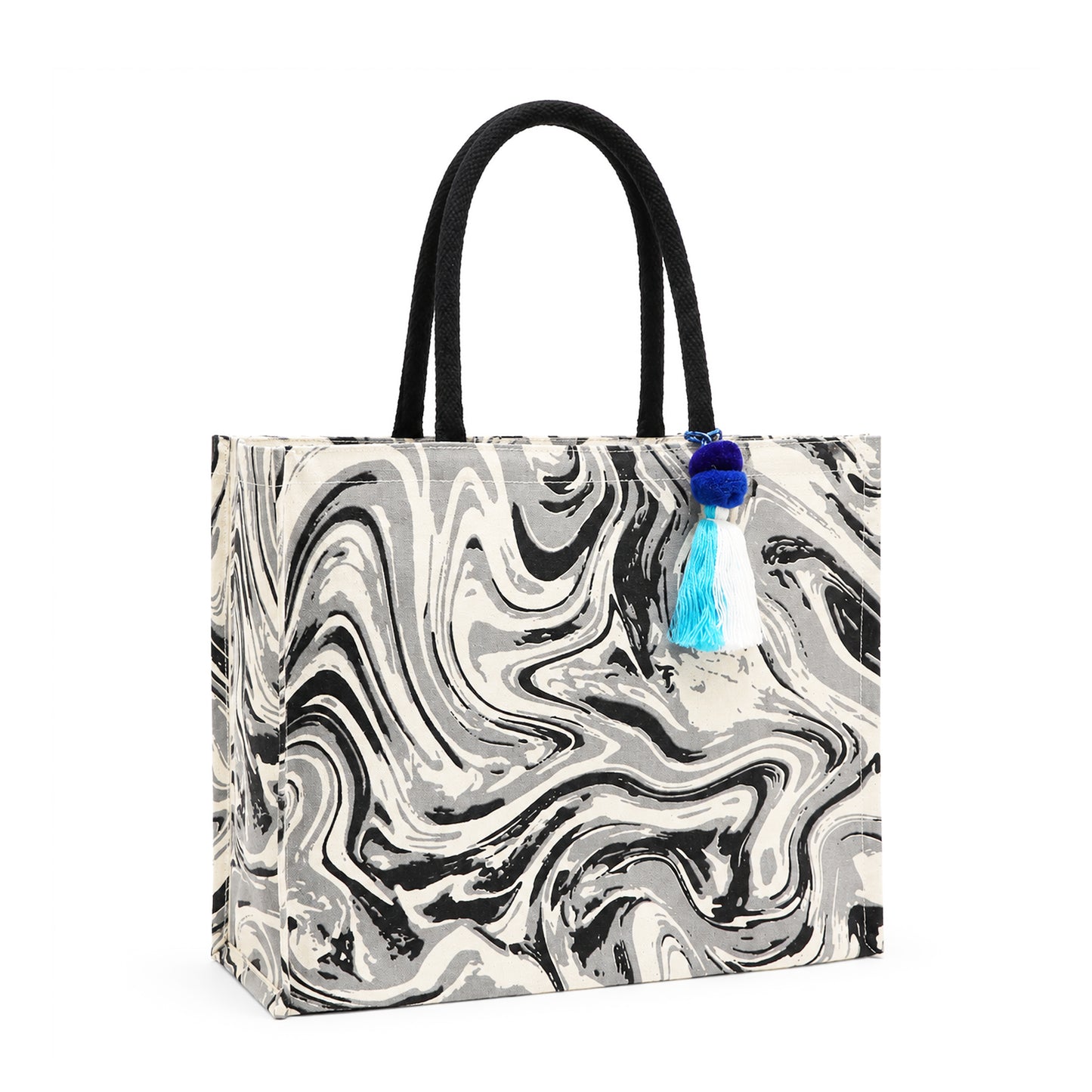 Marble Swirl Print Cotton Canvas Shopper Bag with Padded Handles & Tassel