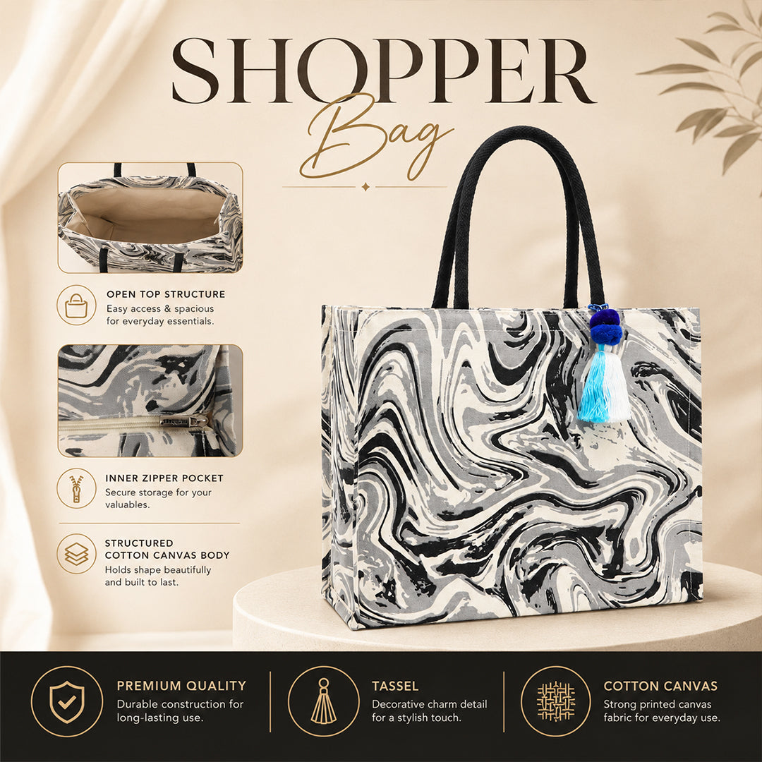 Marble Swirl Print Cotton Canvas Shopper Bag with Padded Handles & Tassel