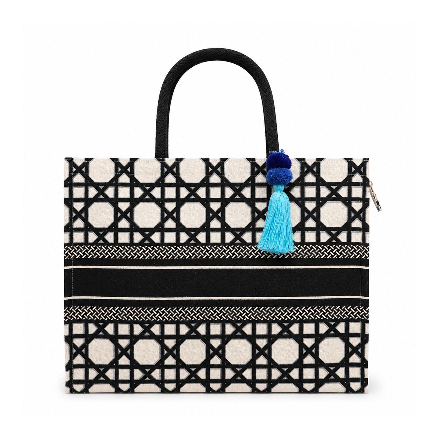 Black & Ivory Geometric Print Cotton Canvas Shopper Bag with Tassel & Black Handles