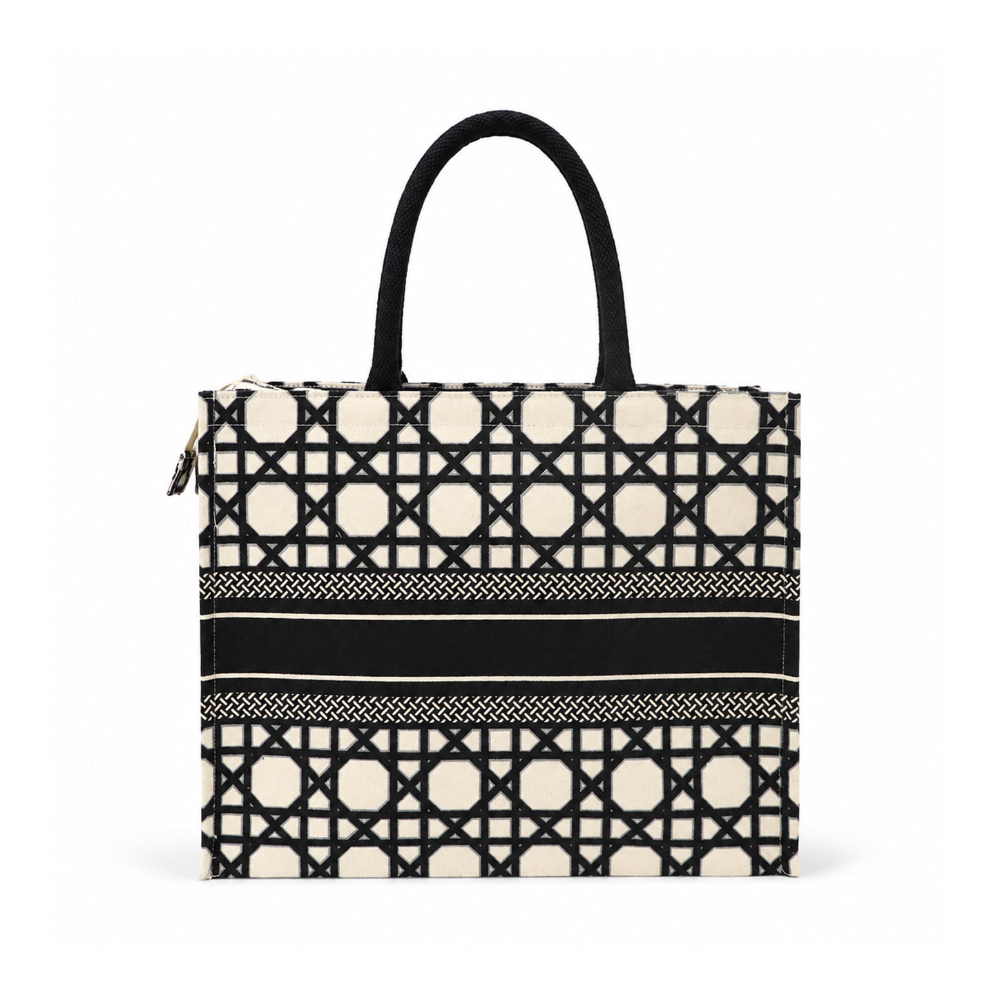 Black & Ivory Geometric Print Cotton Canvas Shopper Bag with Tassel & Black Handles