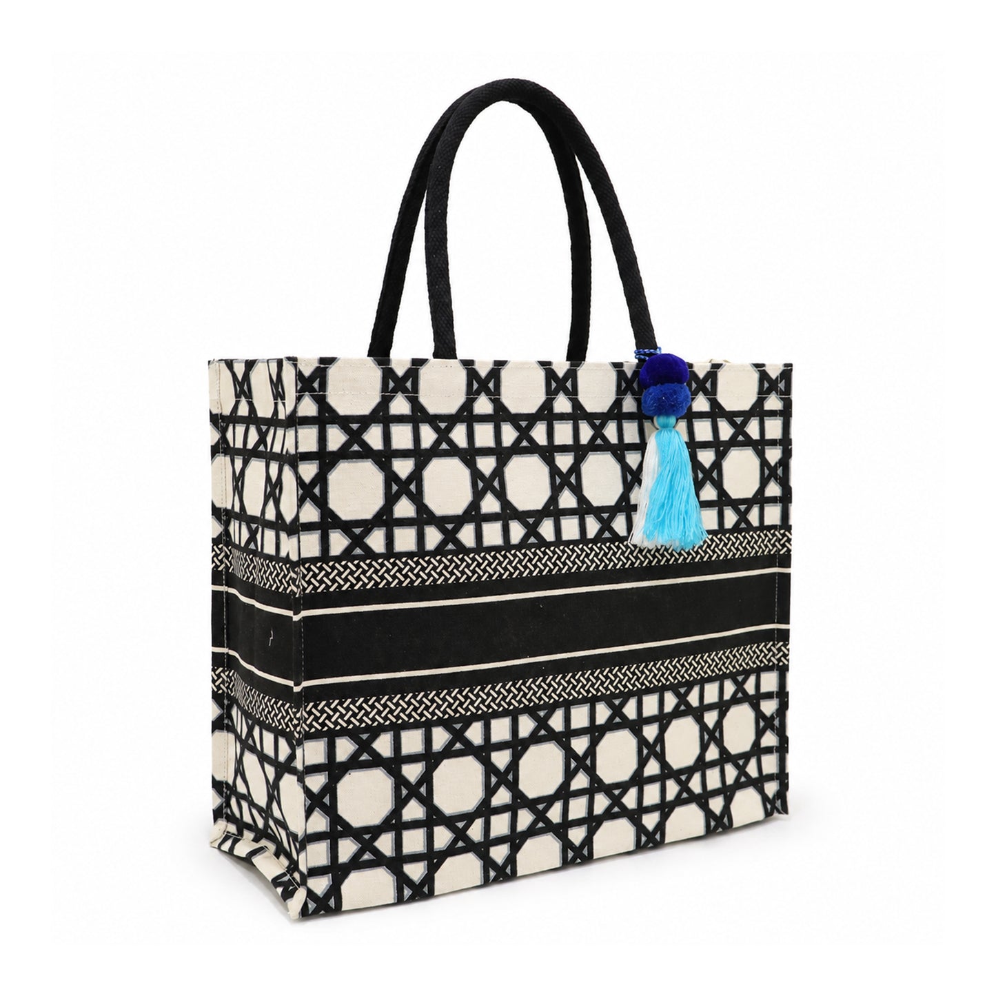 Black & Ivory Geometric Print Cotton Canvas Shopper Bag with Tassel & Black Handles