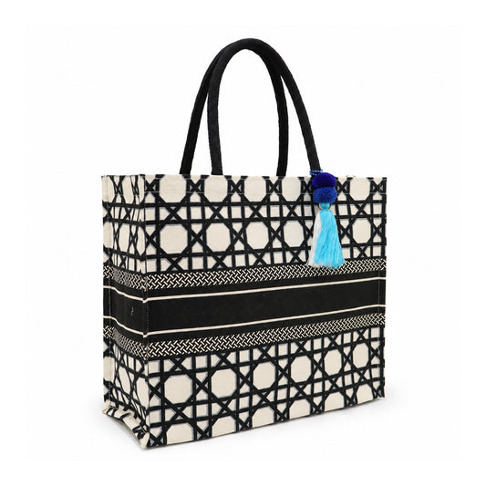 Black & Ivory Geometric Print Cotton Canvas Shopper Bag with Tassel & Black Handles