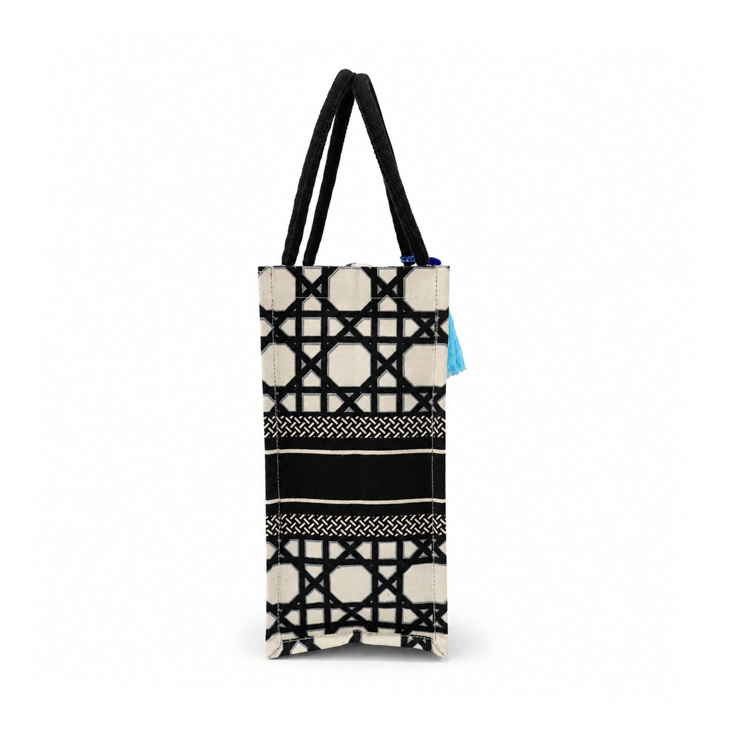 Black & Ivory Geometric Print Cotton Canvas Shopper Bag with Tassel & Black Handles