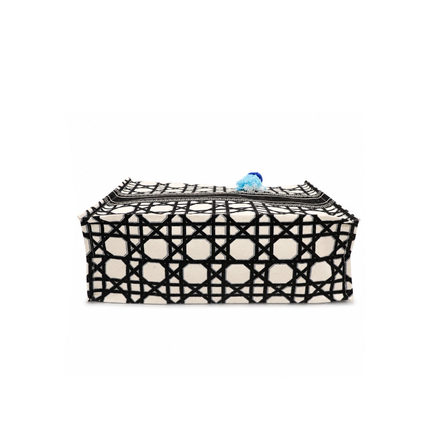 Black & Ivory Geometric Print Cotton Canvas Shopper Bag with Tassel & Black Handles