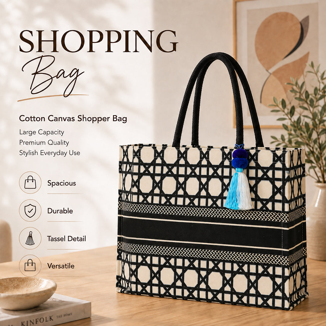 Black & Ivory Geometric Print Cotton Canvas Shopper Bag with Tassel & Black Handles