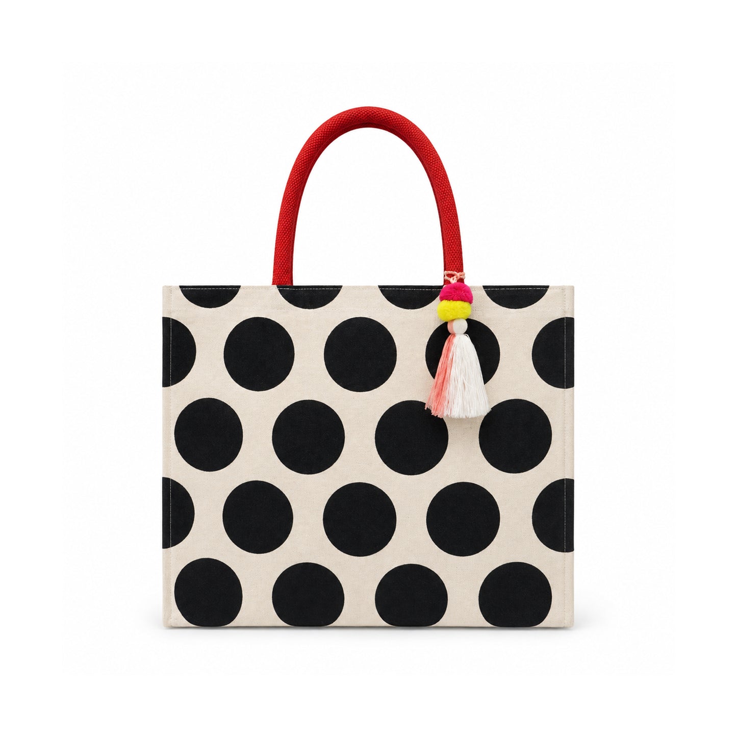 Black Polka Dot Canvas Shopper Bag with Red Handles & Tassel Charm