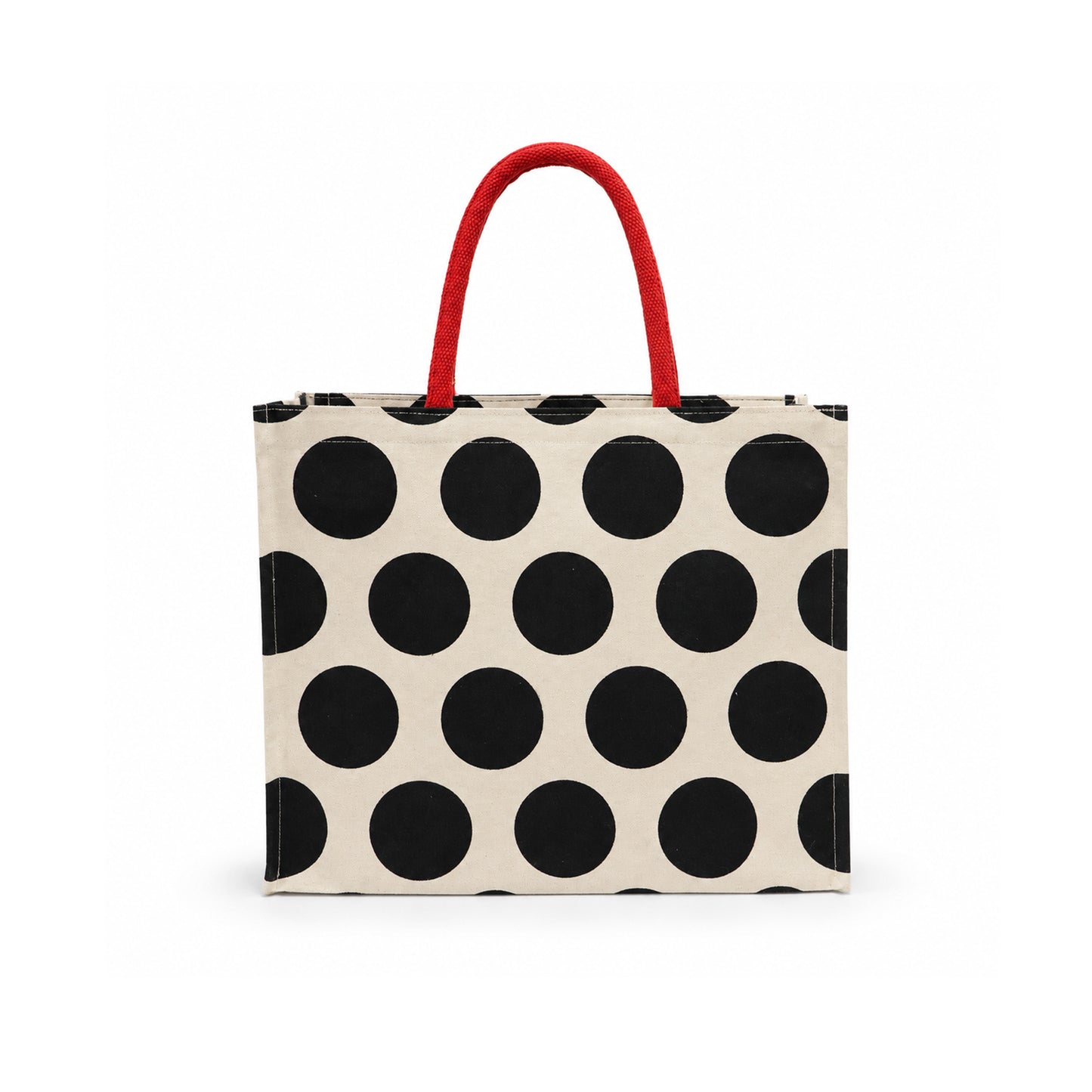 Black Polka Dot Canvas Shopper Bag with Red Handles & Tassel Charm