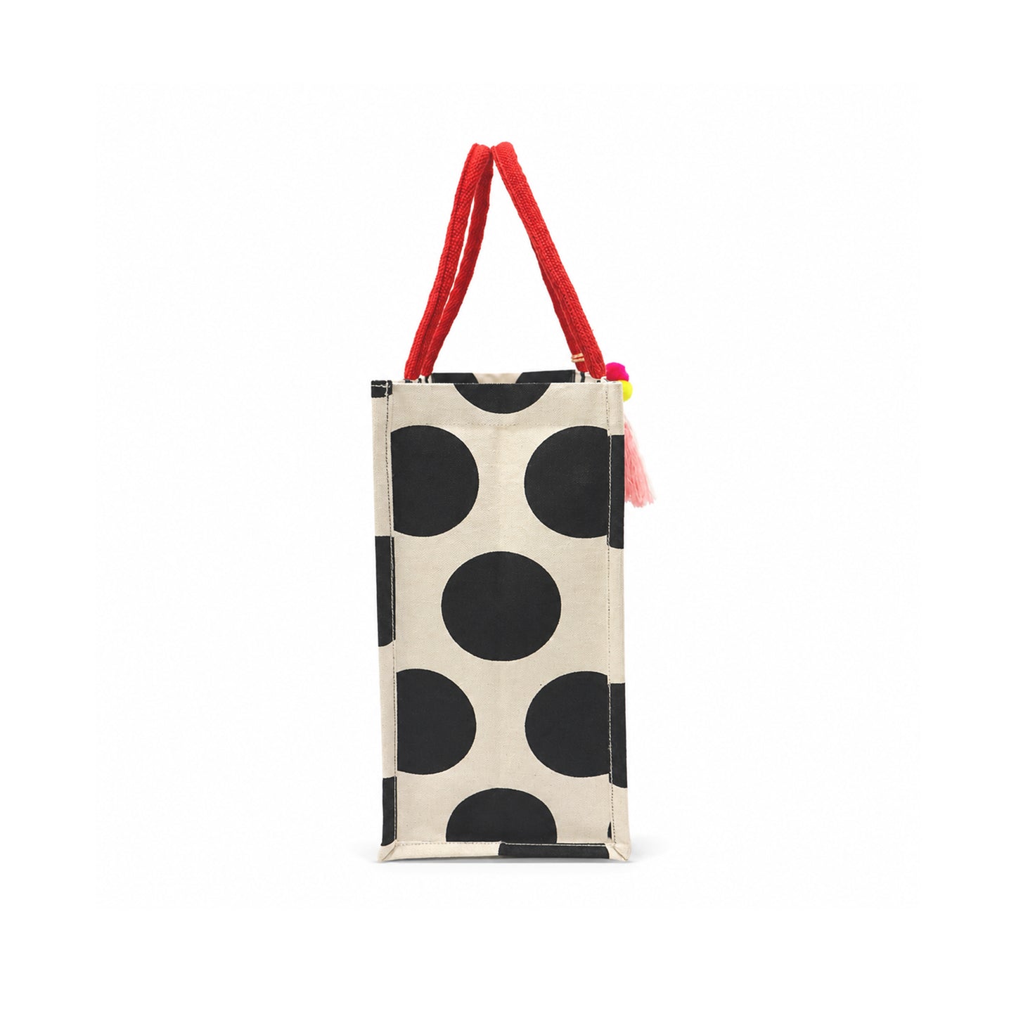 Black Polka Dot Canvas Shopper Bag with Red Handles & Tassel Charm