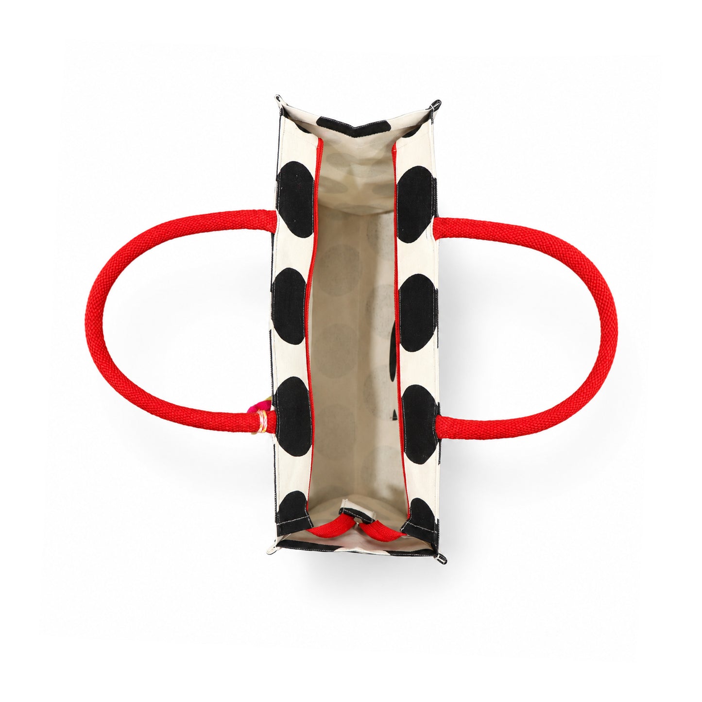 Black Polka Dot Canvas Shopper Bag with Red Handles & Tassel Charm