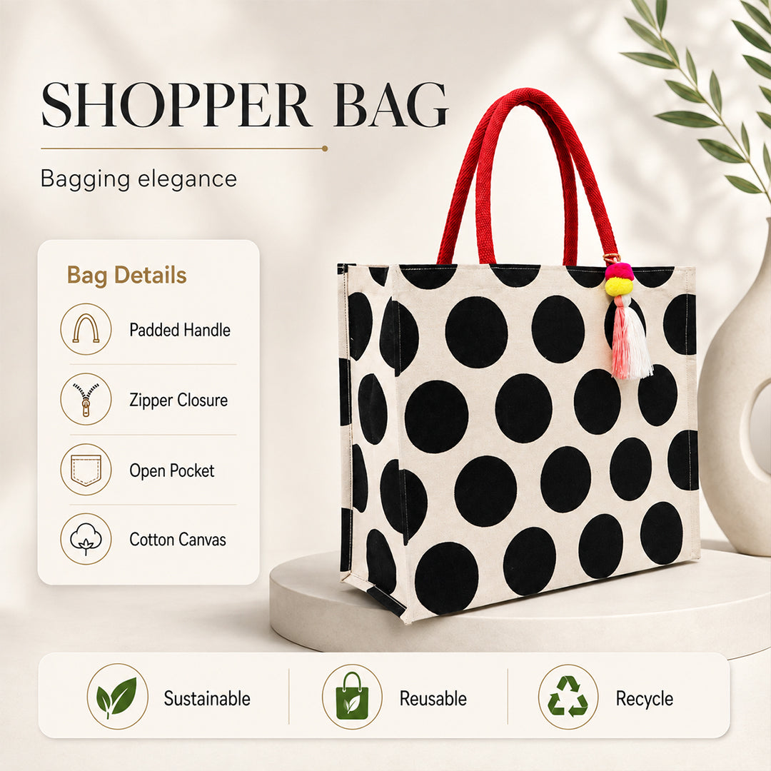 Black Polka Dot Canvas Shopper Bag with Red Handles & Tassel Charm