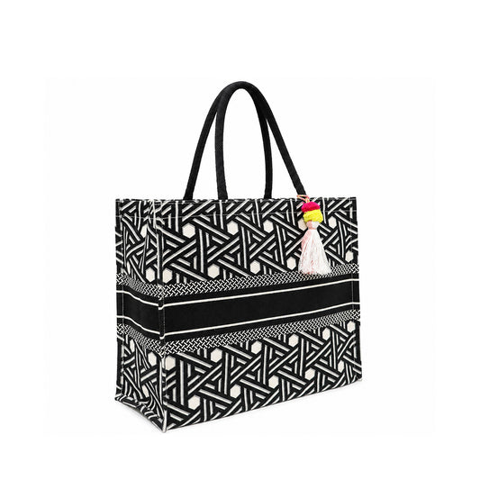 Black & White Geometric Print Canvas Shopper Bag with Tassel & Black Handles