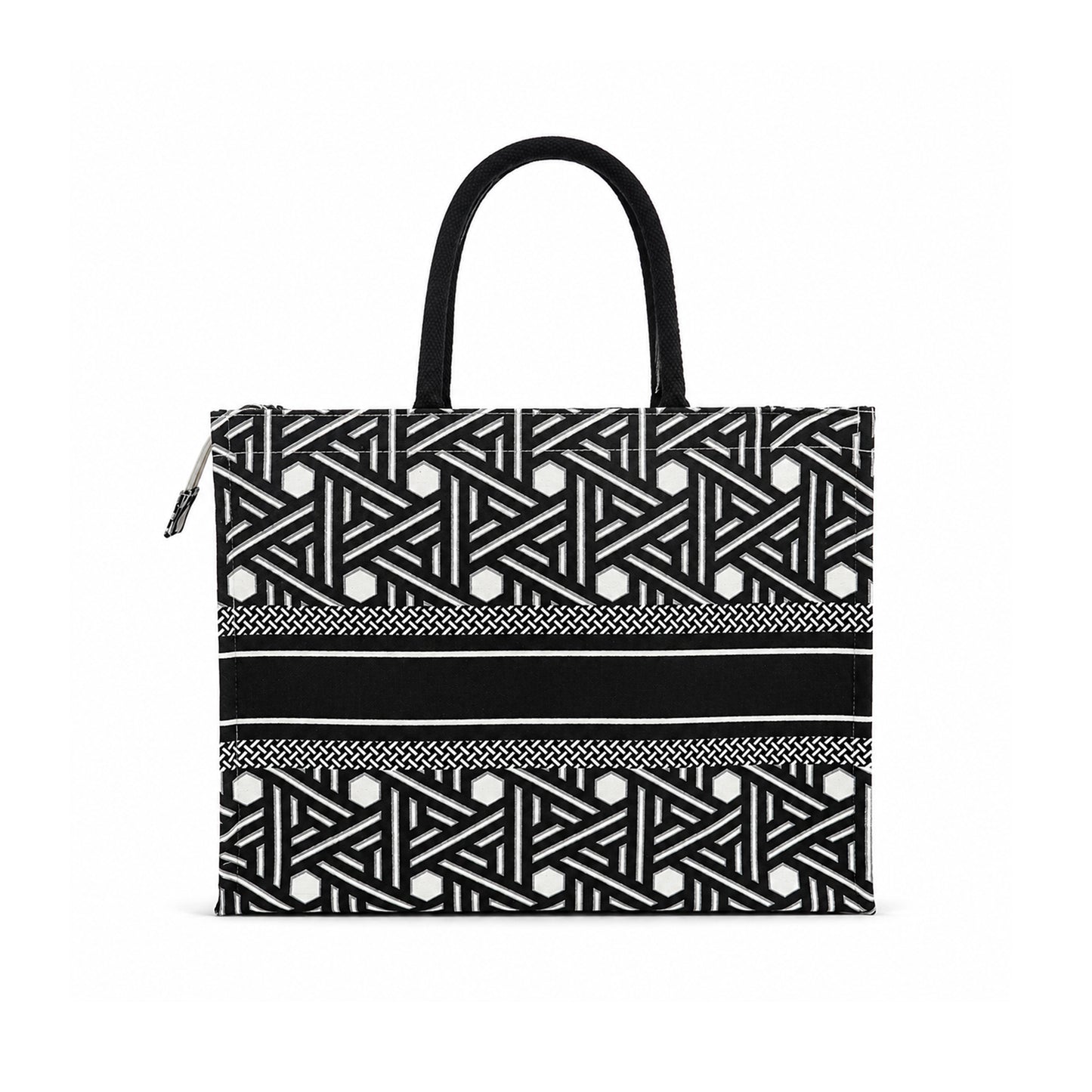 Black & White Geometric Print Canvas Shopper Bag with Tassel & Black Handles