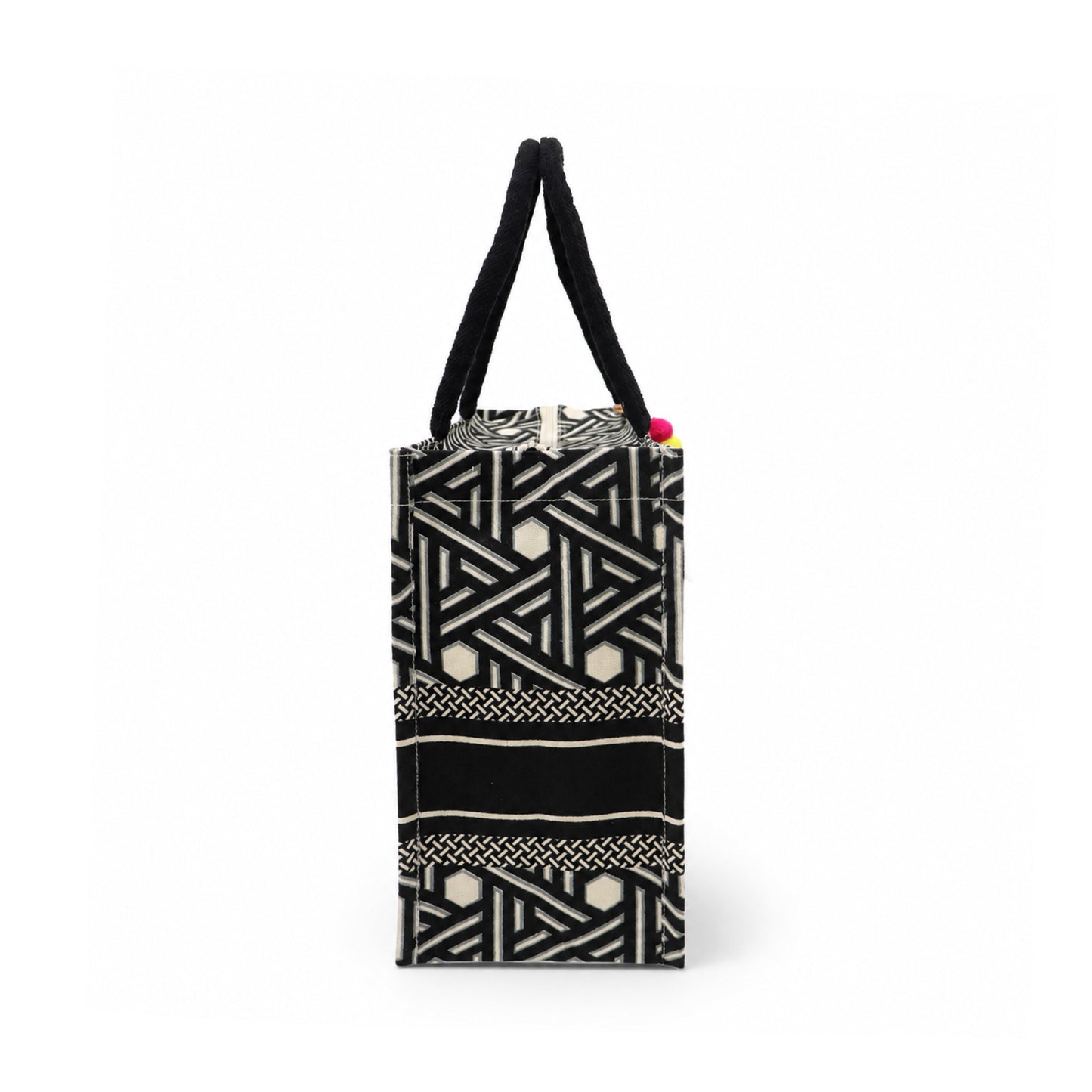 Black & White Geometric Print Canvas Shopper Bag with Tassel & Black Handles
