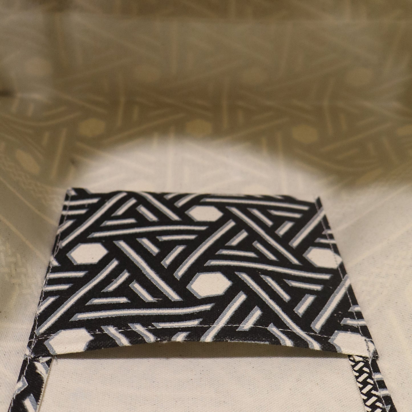 Black & White Geometric Print Canvas Shopper Bag with Tassel & Black Handles