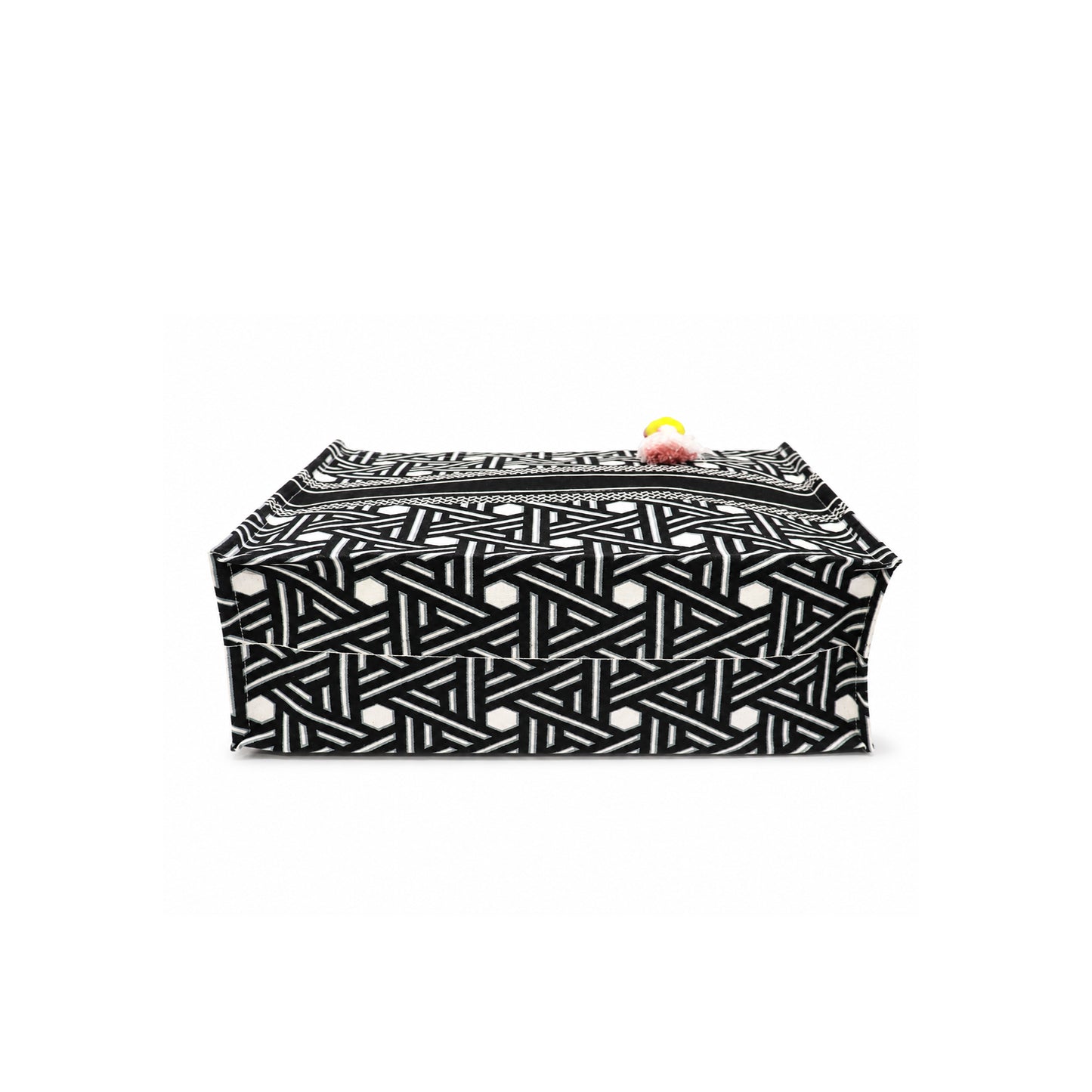 Black & White Geometric Print Canvas Shopper Bag with Tassel & Black Handles