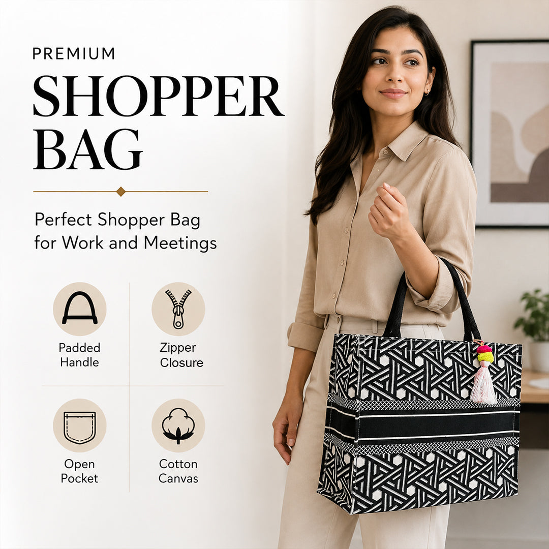 Black & White Geometric Print Canvas Shopper Bag with Tassel & Black Handles