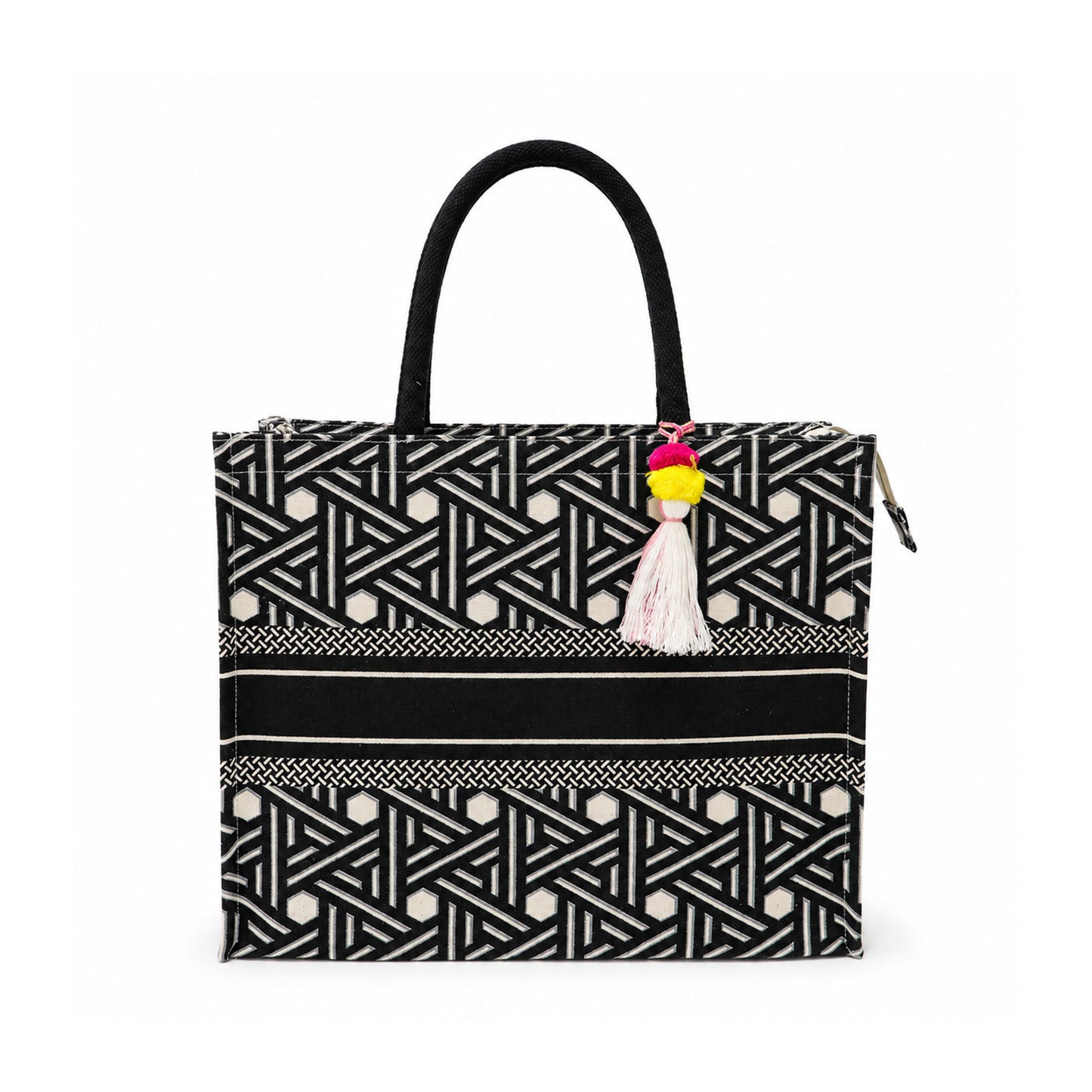 Black & White Geometric Print Canvas Shopper Bag with Tassel & Black Handles