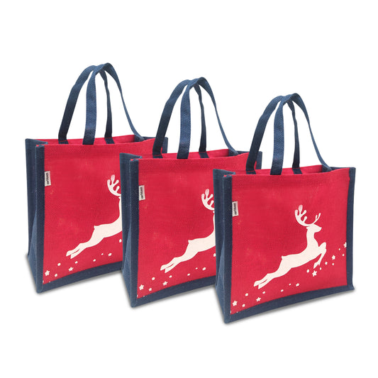 FESTIVE REINDEER PRINT JUTE LUNCH BAG (Pack of 3)