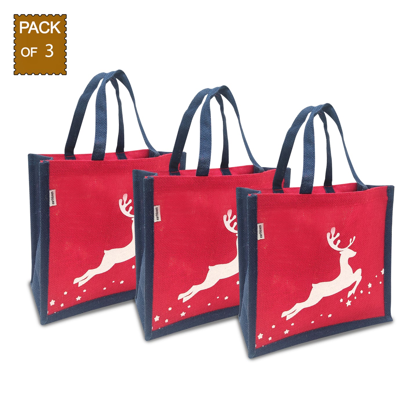 FESTIVE REINDEER PRINT JUTE LUNCH BAG (Pack of 3)