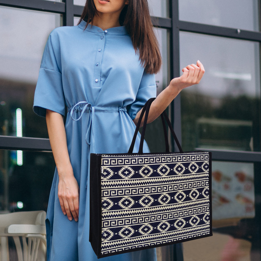 EARTHBAGS PRINTED JUTE SHOPPER WITH ZIPPER